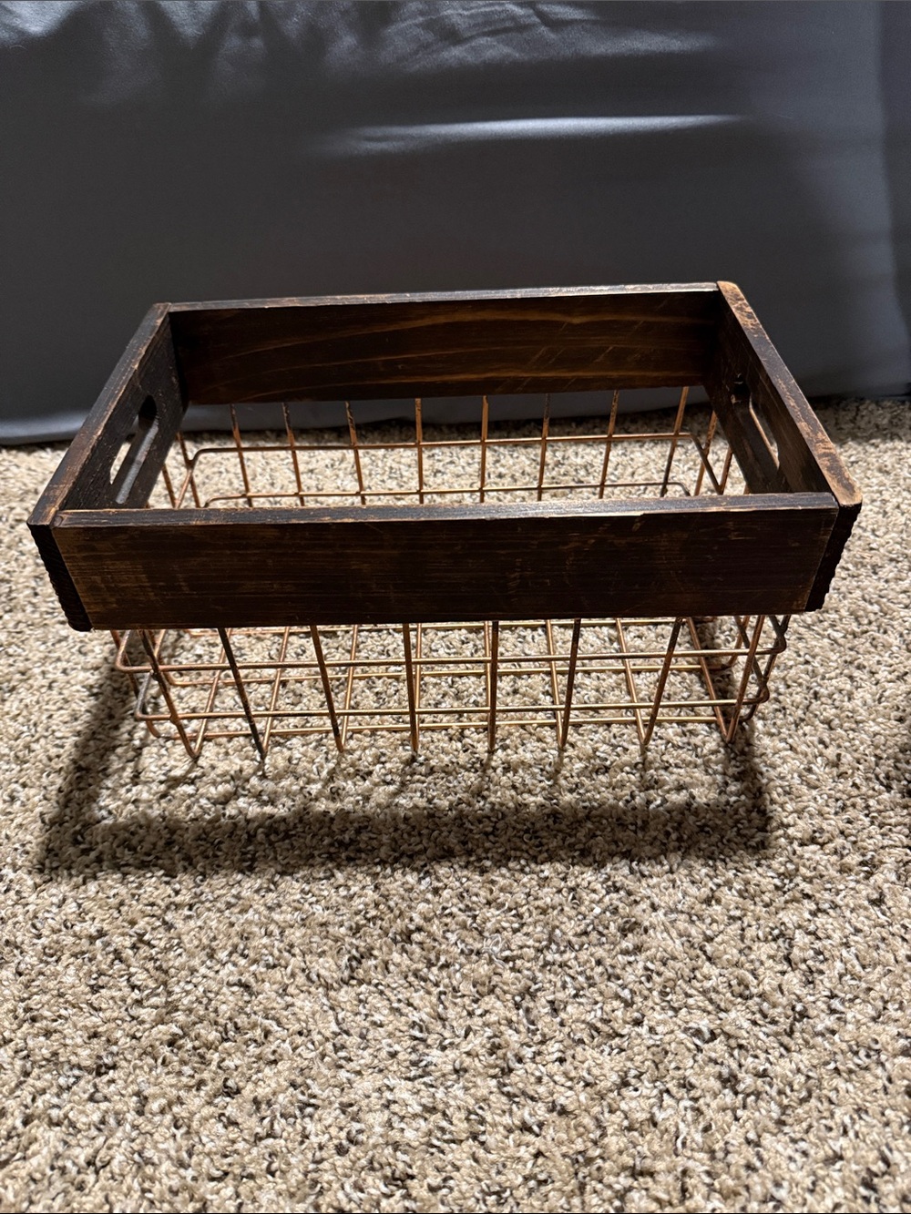Wood Top Copper Wire Basket - Rustic Storage Bin